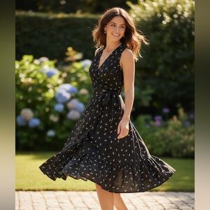 Cala Black and Yellow Asymmetrical Umbrella Sundress with Notched Collar